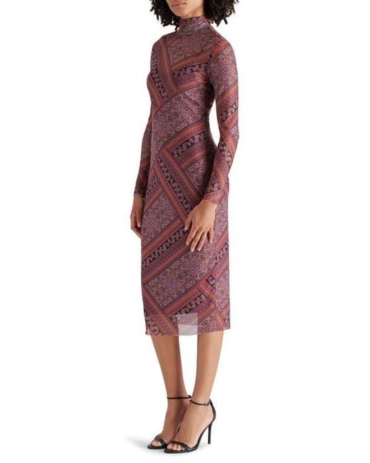 Steve Madden Red Vivienne Scarf Print Long Sleeve Turtleneck Mesh Midi Dress