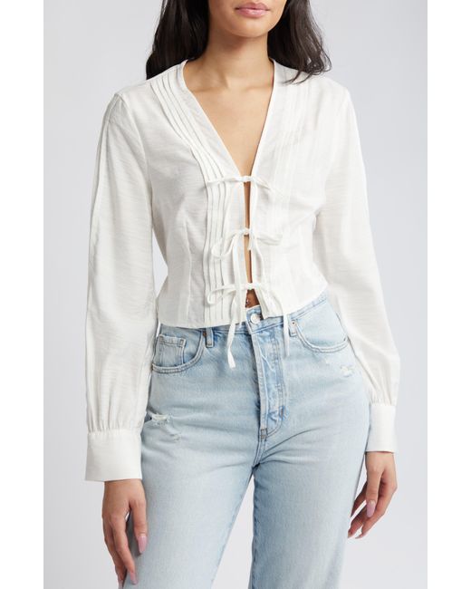 TOPSHOP White Pintuck Tie Front Blouse