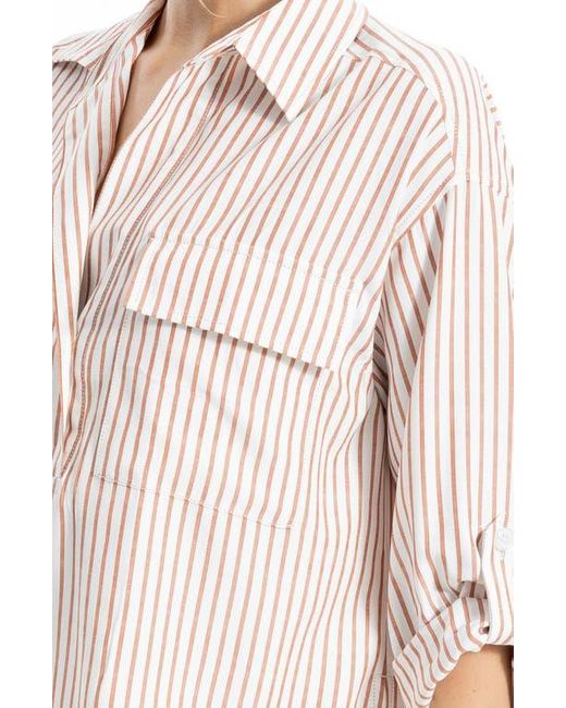 Max Studio White Grid Print Roll Sleeve Popover Shirt