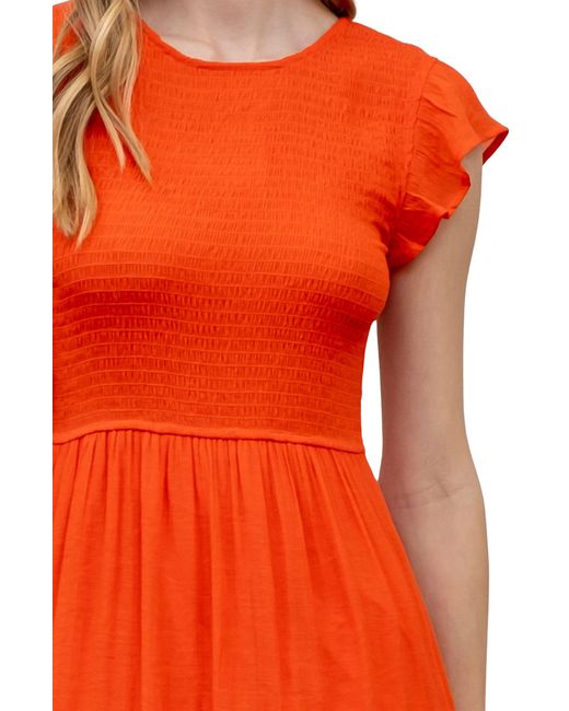 Blu Pepper Orange Flutter Sleeve Smocked Tiered Midi Dress