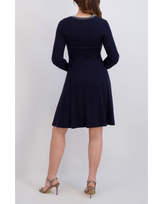 London Times Faux Pearl Neck Cable Stitch Fit & Flare Dress in Blue | Lyst