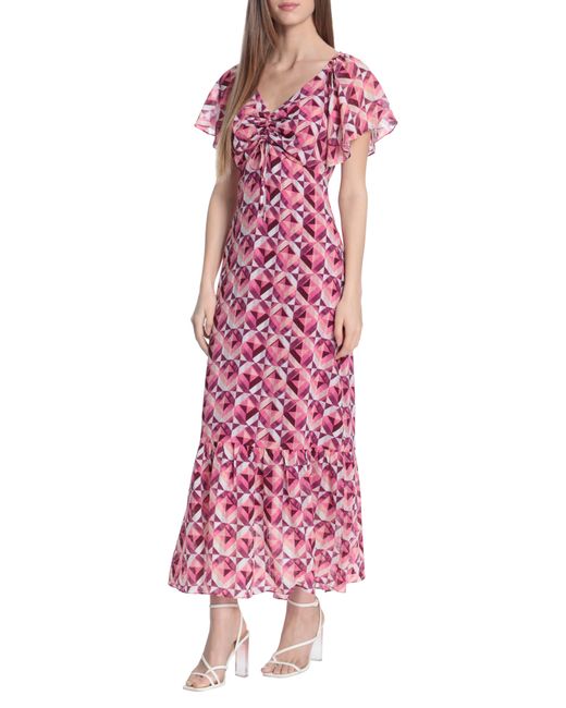 DONNA MORGAN FOR MAGGY Pink Geo Print Flutter Sleeve Maxi Dress