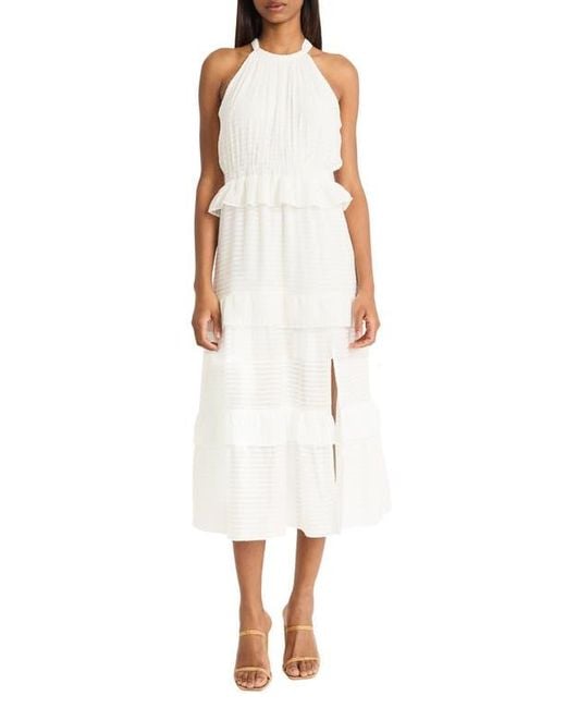 DONNA MORGAN FOR MAGGY White Halter Neck Ruffle Tiered Midi Dress