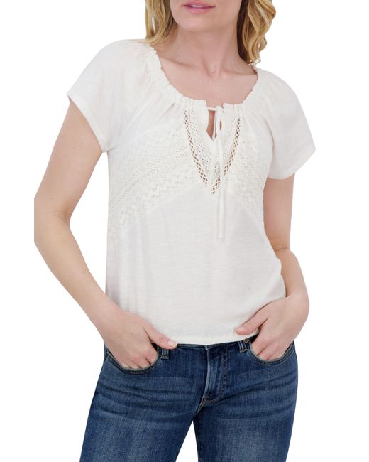 Lucky Brand White Lace Trim Short Sleeve Peasant Top
