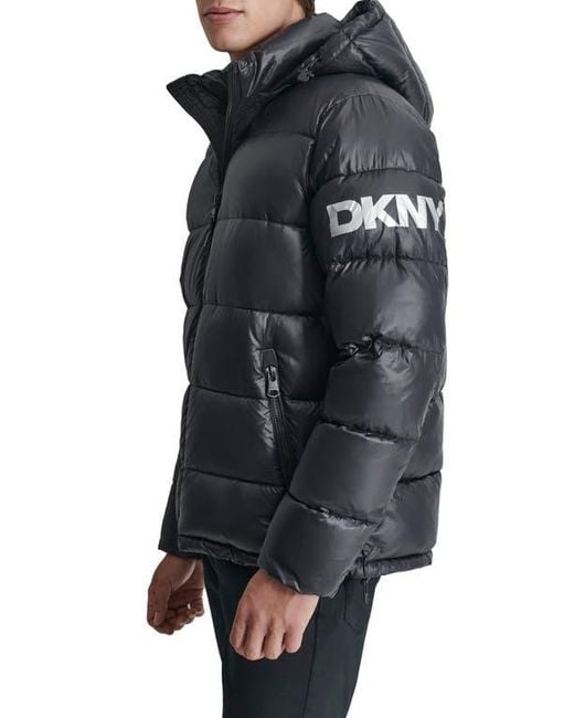 DKNY Black Hooded Nylon Puffer Jacket for men