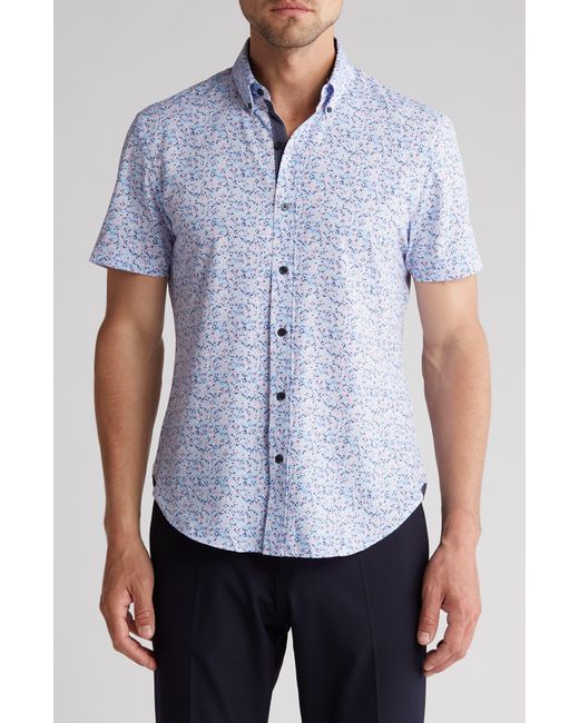 Con.struct Blue Slim Fit Floral Four-way Stretch Performance Short Sleeve Button-down Shirt for men