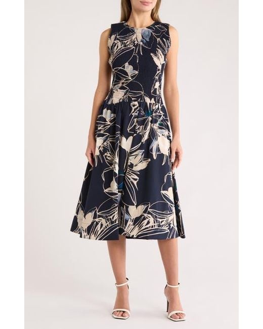Calvin Klein Floral Sleeveless Smocked Fit & Flare Midi Dress in Blue | Lyst
