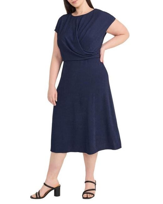 Maggy London Blue Draped Bodice Midi Dress