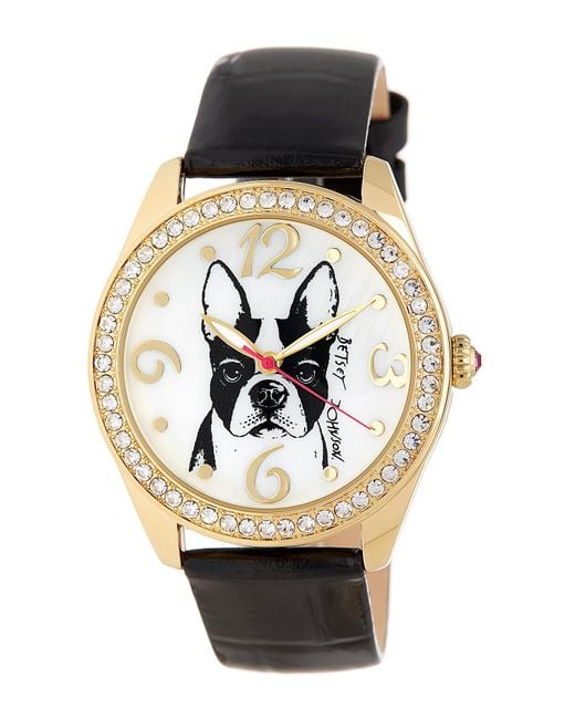 Betsey Johnson Metallic Women's Boston Terrier Crystal Embossed Leather Watch