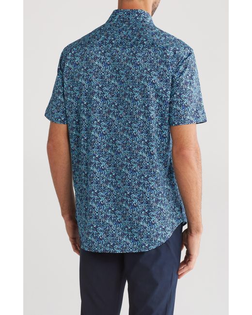 Bugatchi Blue Swirl Print Short Sleeve Stretch Cotton Button-up Shirt for men