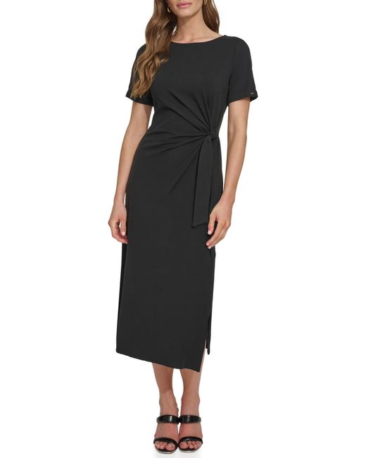 DKNY Black Wrap Detail Stretch Cotton Midi Dress