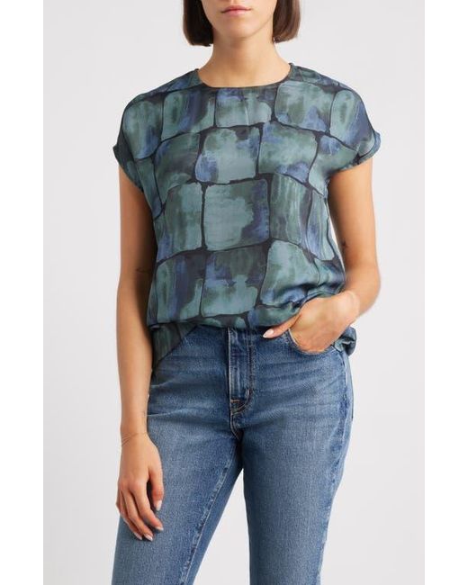 Apny Blue Geometric Print Cap Sleeve Shell
