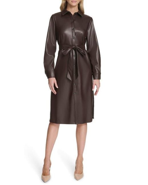 Calvin Klein Black Long Sleeve Faux Leather Shirtdress