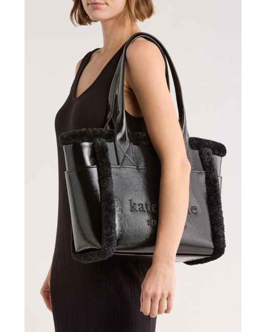 Kate Spade Black Jett Faux Shearling Trim Tote Bag