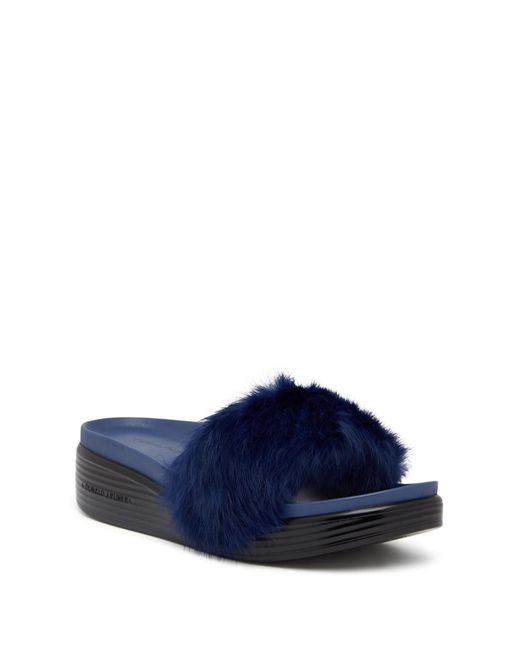 Donald J Pliner Blue Furfi Genuine Rabbit Fur Slide Sandal