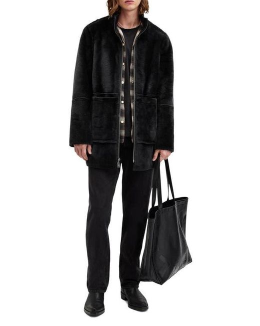 AllSaints Black Stride Funnel Neck Genuine Shearling Coat for men