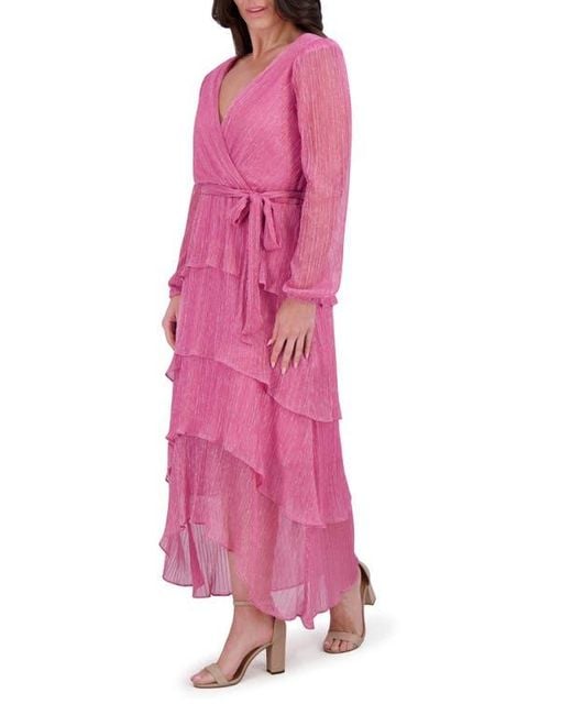 Kensie Pink Shimmer Knit Long Sleeve Tiered Ruffle Dress