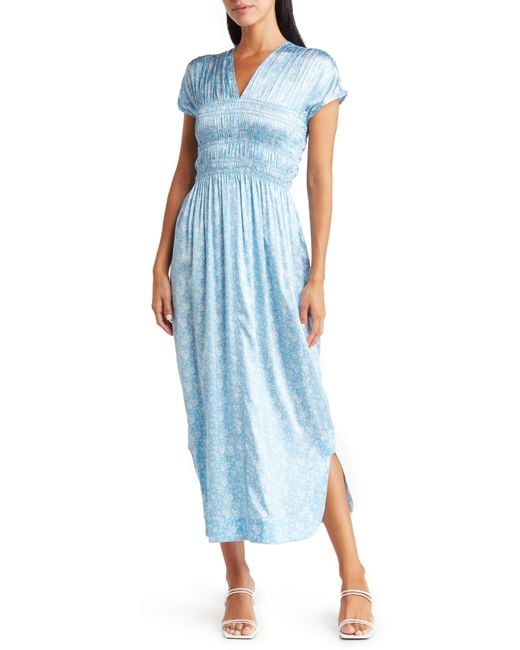 Ganni Gingham Smocked Waist Stretch Silk Midi Dress In Alaskan Blue At Nordstrom Rack