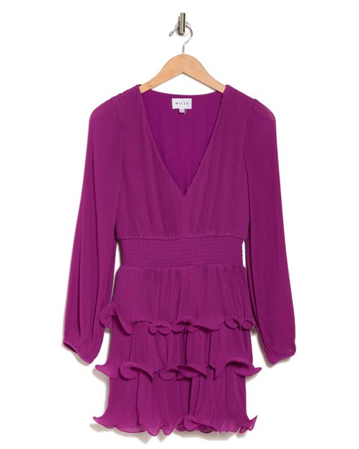 MILLY Pink Ryan Pleated Long Sleeve Dress