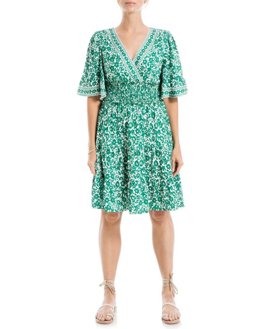 Max Studio Green Smocked Waist Flutter Sleeve Dress