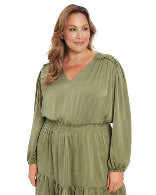 London Times Green Air Wash Smock Waist Long Sleeve Dress