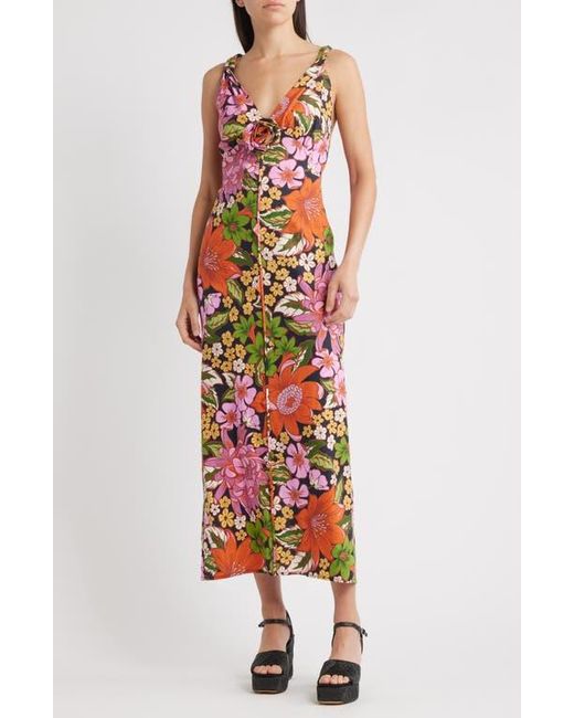 Farm Rio Red Vivi Rosette Detail Floral Linen Blend Maxi Dress