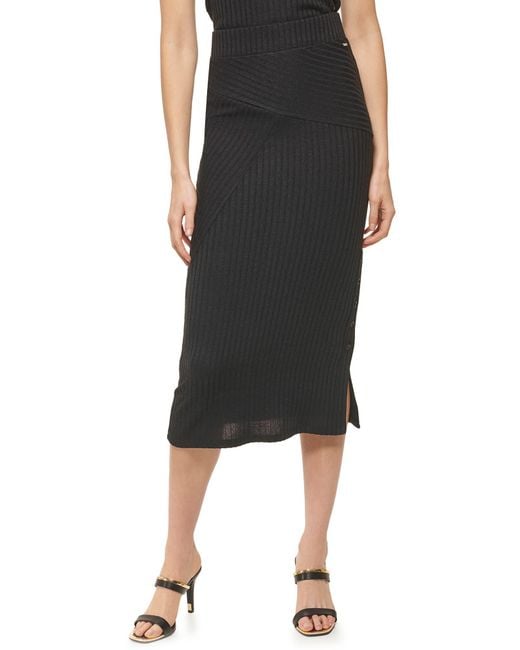 DKNY Ribbed Pull-on Midi Skirt in Black | Lyst