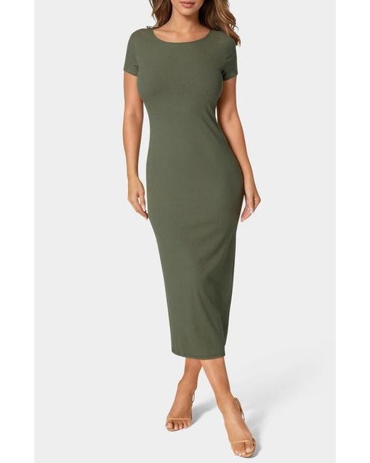 Bebe Green Short Sleeve Ribbed Midi Dress