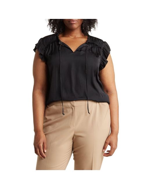 DR2 by Daniel Rainn Black Satin Ruffle Split Neck Top