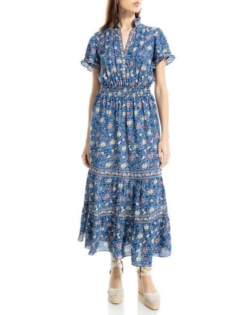 Max Studio Blue Smocked Flutter Sleeve Maxi Dress