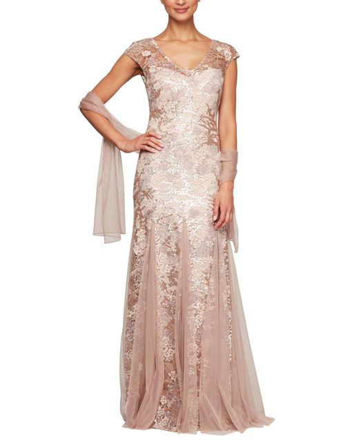 Alex Evenings Illusion Cap Sleeve Embroidered Lace Godet Gown | Lyst