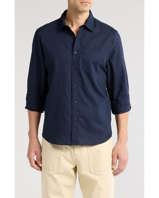 14th & Union Blue Solid Linen Blend Button-Up Shirt for men