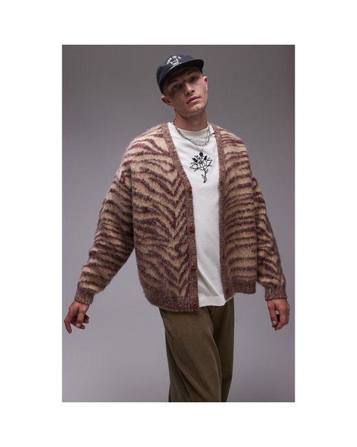Topman Brown Zebra Pattern Brushed Oversize V-Neck Cardigan for men