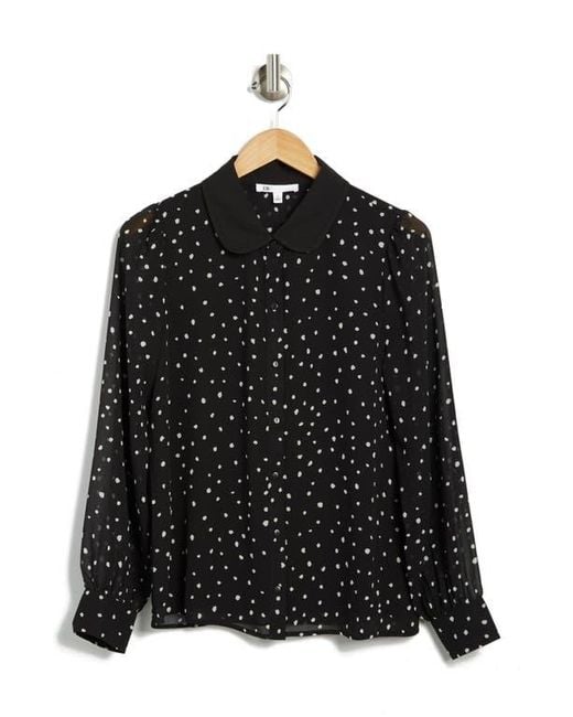 DR2 by Daniel Rainn Black Peter Pan Collar Polka Dot Button Front Long Sleeve Blouse