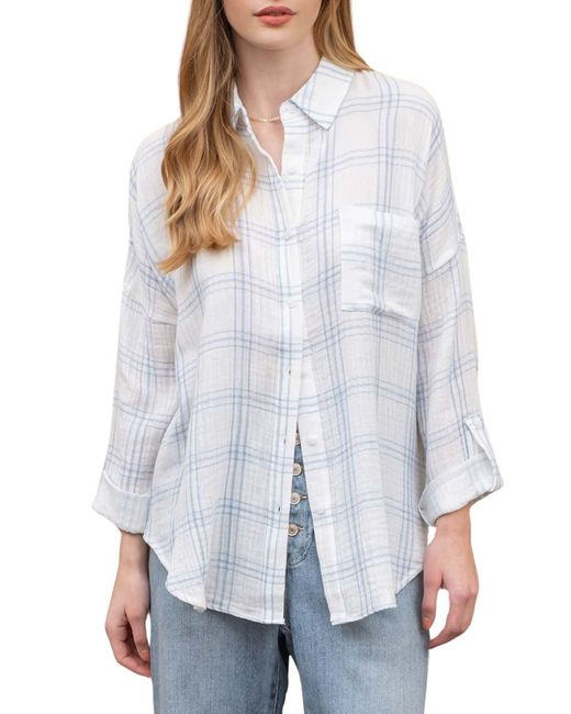 Blu Pepper White Oversize Plaid Cotton Button-up Shirt