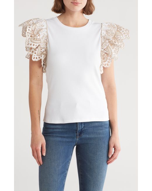 Tahari White Eyelet Sleeve Mixed Media Top