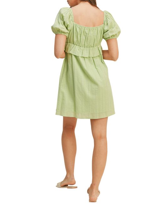 Lush Green Puff Sleeve Empire Waist Cotton Dress