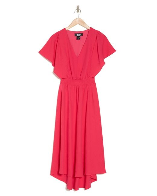 DKNY Red Flutter Sleeve Midi Dress