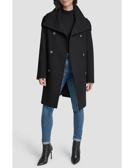 DKNY Black Double Breasted Wool Blend Military Coat