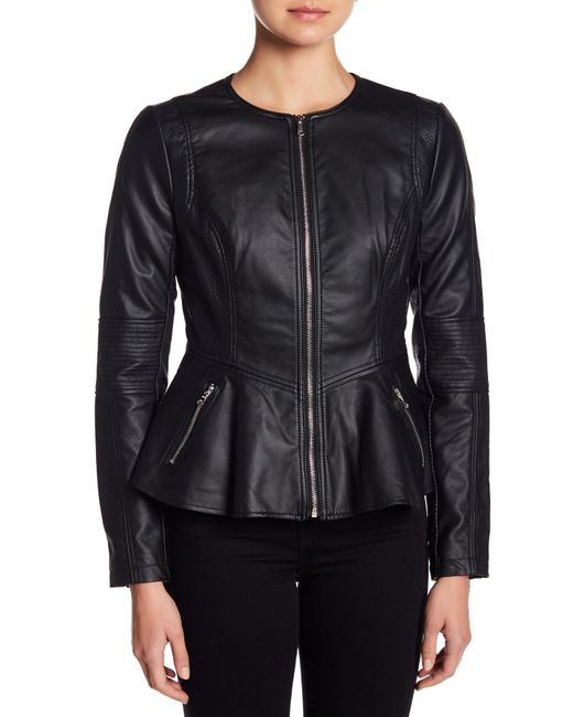 Guess Peplum Faux Leather Jacket in Black Lyst