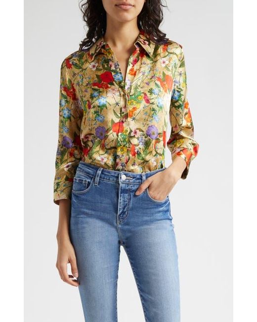 L'Agence Blue Dani Floral Print Silk Button-Up Shirt