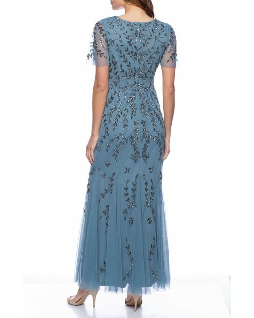 Marina Blue Bead Embellished Flutter Sleeve Gown