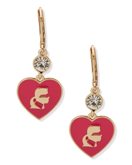 Karl Lagerfeld Red Enamel Heart Crystal Drop Earrings