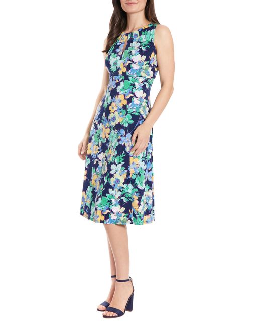 London Times Blue Floral Keyhole Sleeveless Fit & Flare Midi Dress