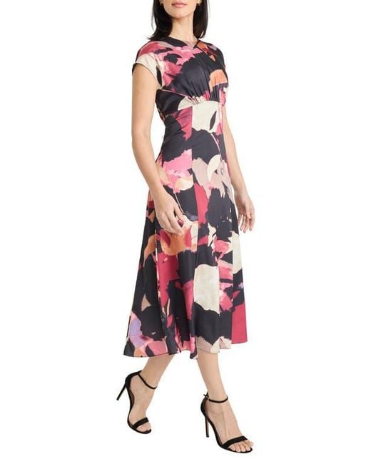 Maggy London Red Floral Cap Sleeve A-Line Midi Dress