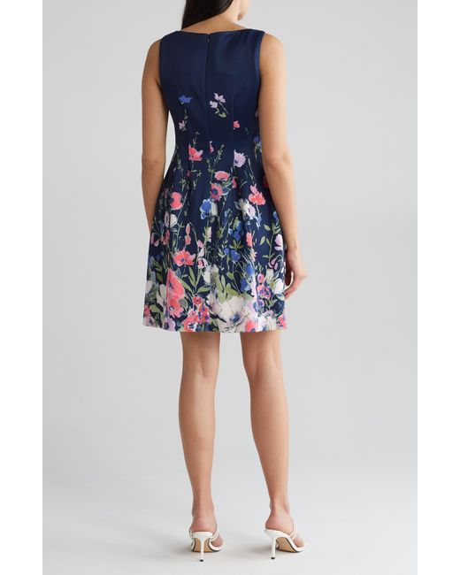 Vince Camuto Blue Floral Sleeveless Scuba Fit & Flare Dress