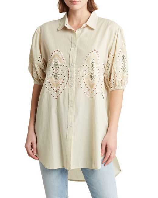 Seven7 White Puff Sleeve Embroidered Eyelet Button-up Tunic Shirt