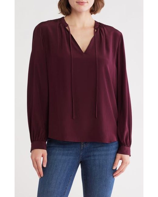 FRAME Purple Shirred Long Sleeve Silk Top