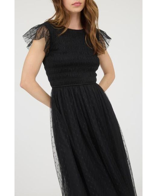 Blu Pepper Black Smocked Flutter Sleeve Midi Dress