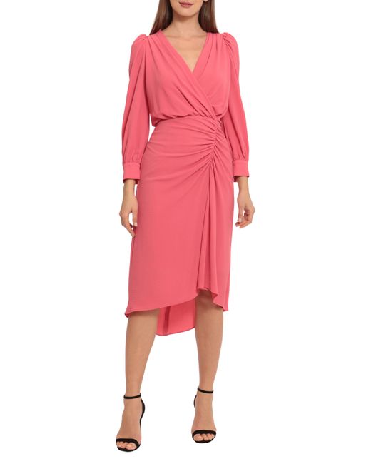 Maggy London Ruched Long Sleeve High-low Midi Dress In Rapture Rose At ...